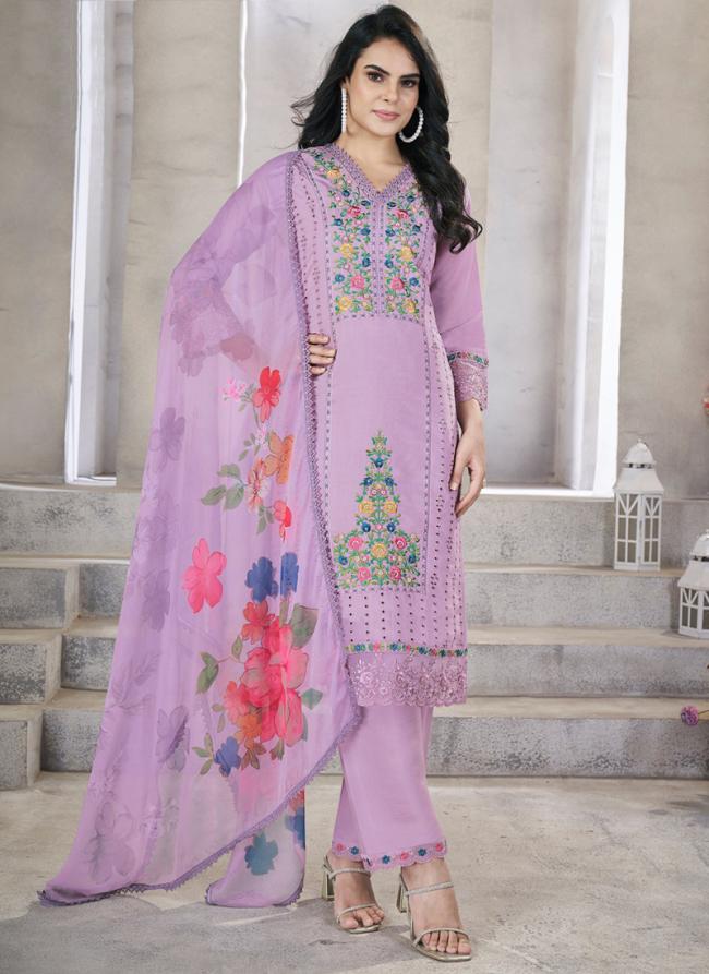 Roman Silk Lavender Festival Wear Hand Work Readymade Straight Suit